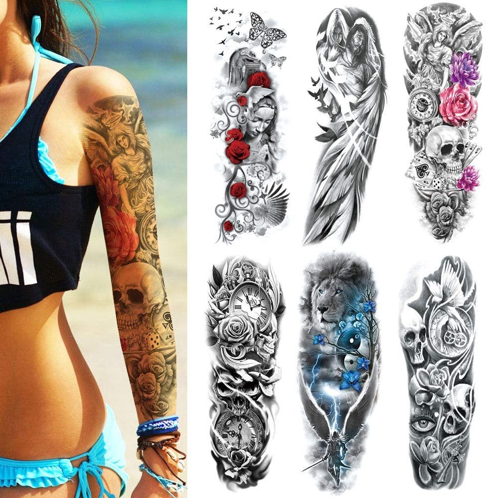 6 Full Arm 6 x 18" Sheets Waterproof Fake Tattoo Temporary Realistic Waterproof Full Arm Fake Tattoo Totems Can Also Use for DIY Crafting