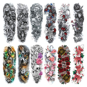 Full Arm Temporary Tattoo Sleeve Large Vine Peony Flower Rose Skull Skeleton Leg Makeup Floral Blossom Tribal Lotus Realistic Waterproof