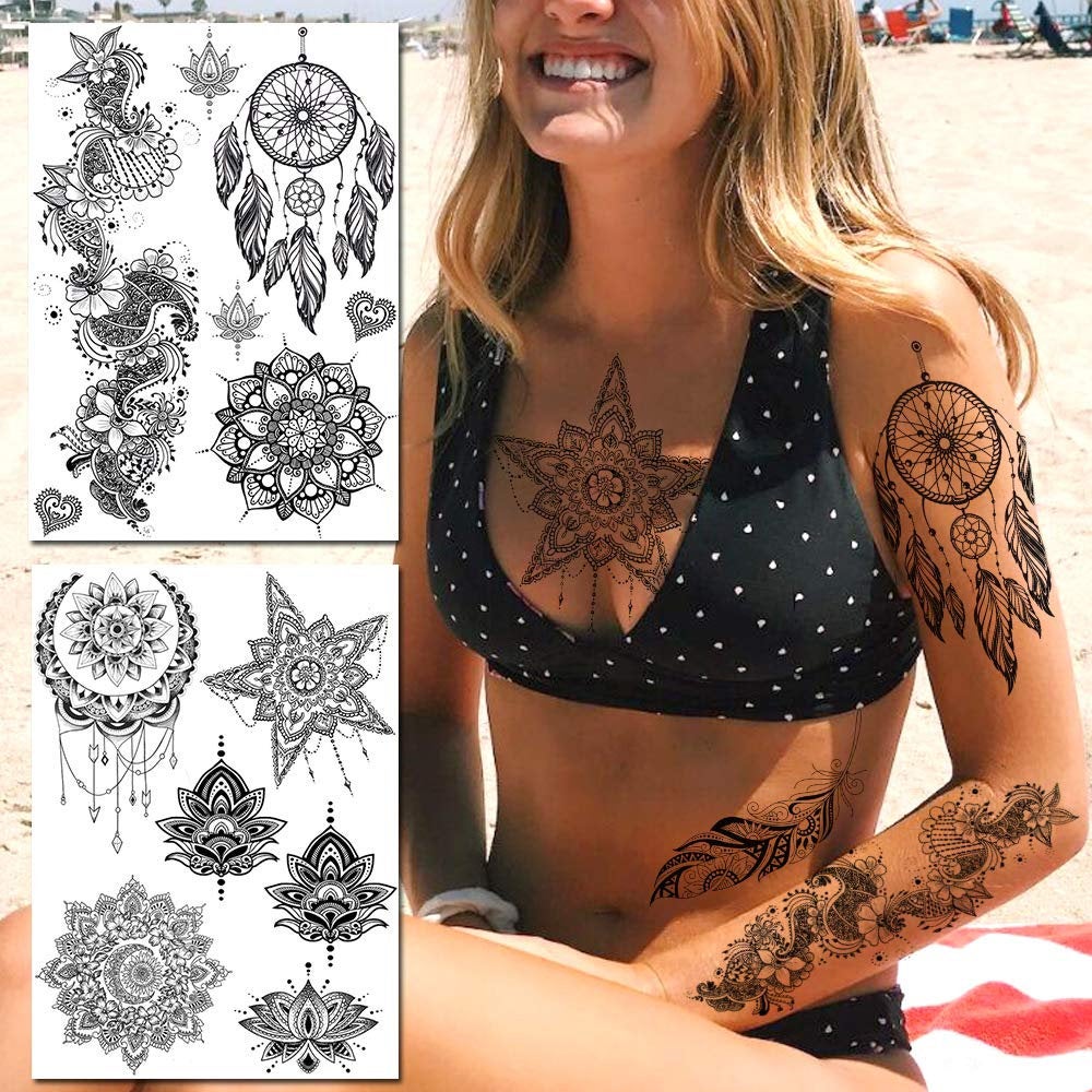 6 Sheets Black Henna Temporary Tattoos For Women Lace Mehndi Mandala Flower Large Waterproof Lotus Butterfly Tattoos  Dreamcatcher Feather