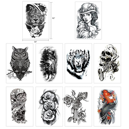 62 Sheets PREMIUM QUALITY Black Temporary Tattoos 10 Sheets Large Fake Body Arm Chest Shoulder Tattoos with 52 Sheets of Smaller Tattoo