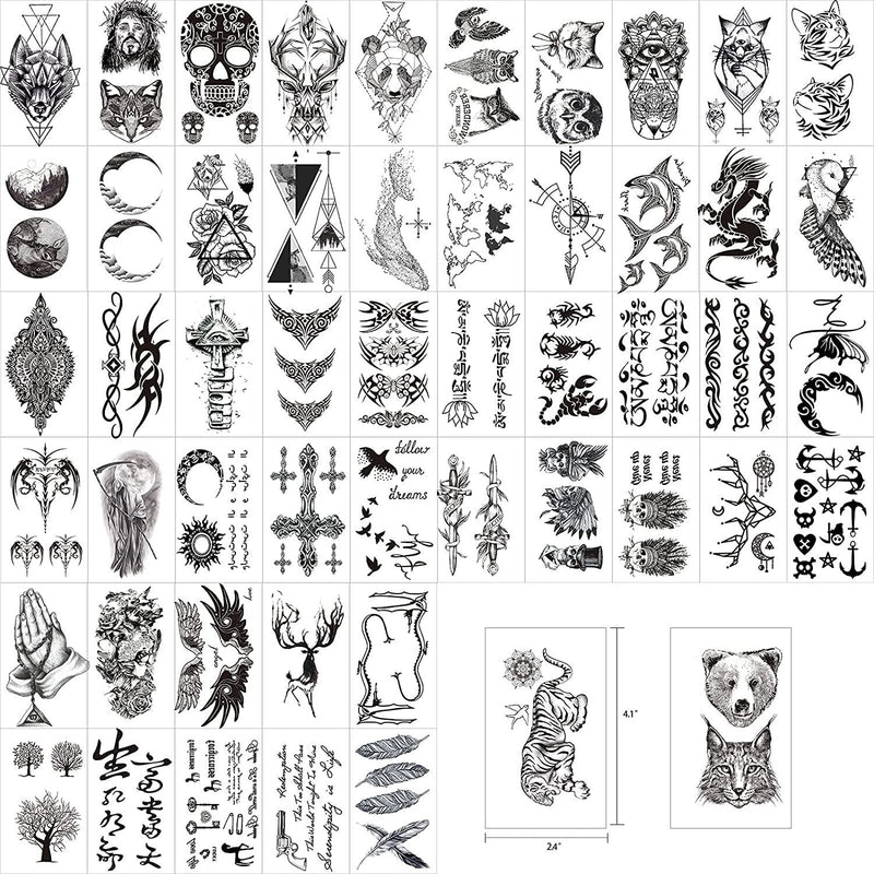 62 Sheets PREMIUM QUALITY Black Temporary Tattoos 10 Sheets Large Fake Body Arm Chest Shoulder Tattoos with 52 Sheets of Smaller Tattoo