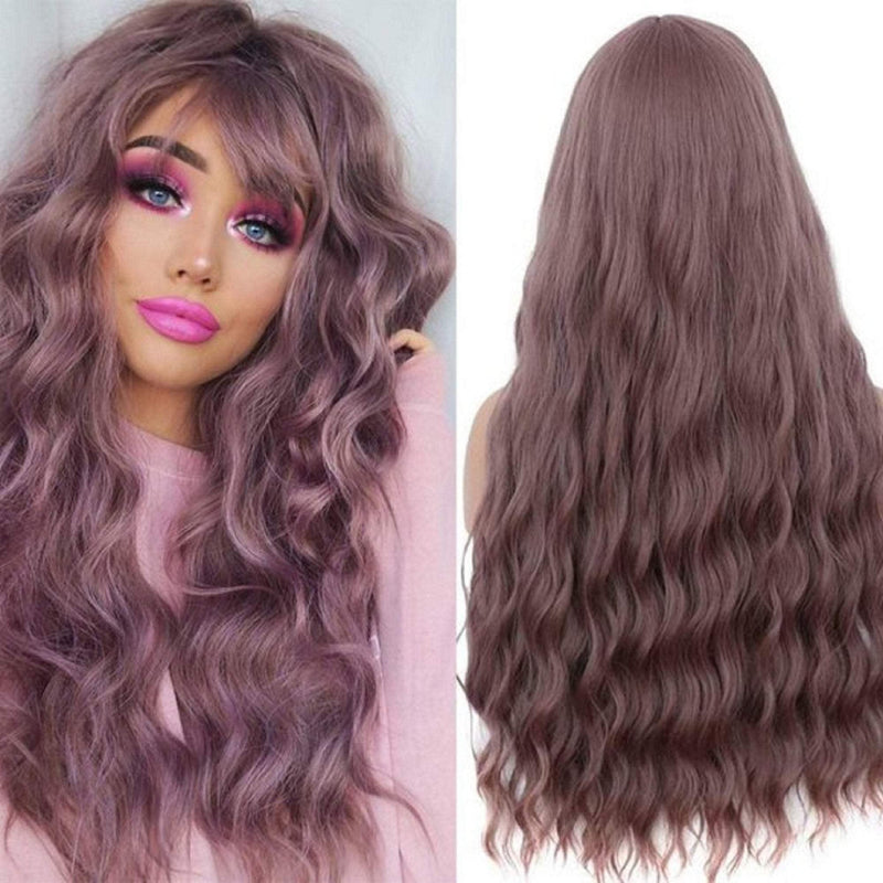 Dusty Mauve Purple Lavender Wavy 26" Wig with Air Bangs Best Quality Synthetic Fiber Human Hair Look and Feel Easy to Maintain No Shedding
