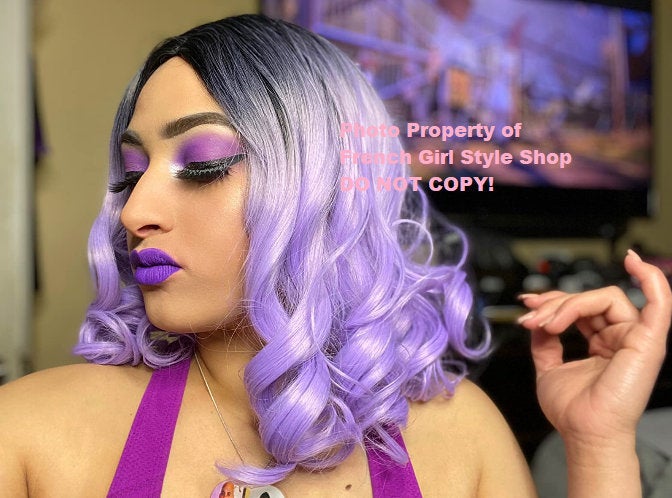 French girl style | black purple amethyst | human hair feel | ombre black to pastel purple natural wavy wig | swiss lace adjustable cap