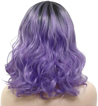 French girl style | black purple amethyst | human hair feel | ombre black to pastel purple natural wavy wig | swiss lace adjustable cap