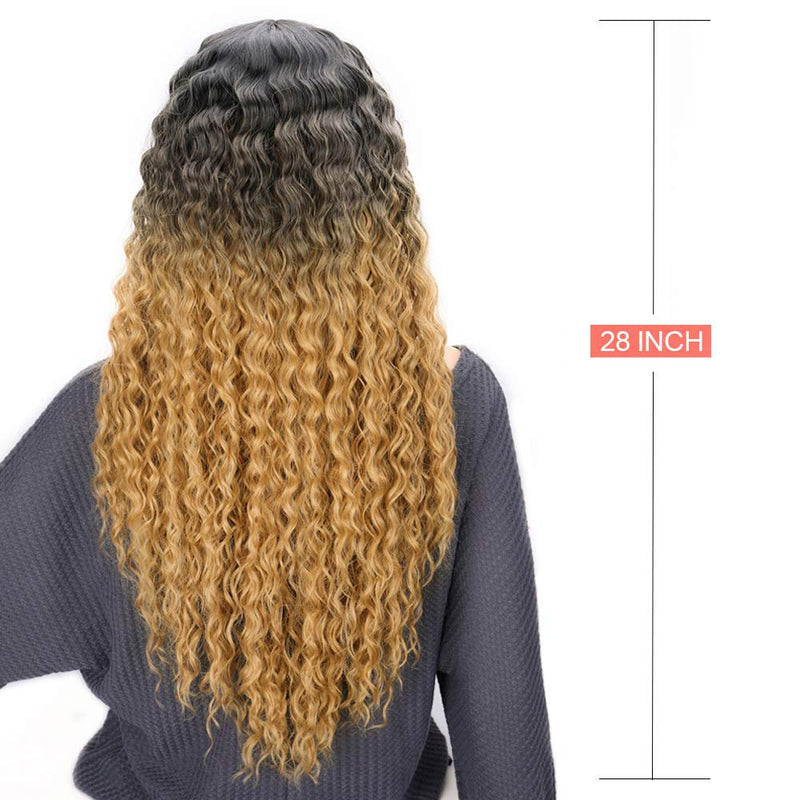 Long Curly Ombre Blonde 28 Inch Middle Part Synthetic Heat Resistant Hair Human Hair Look and Feel