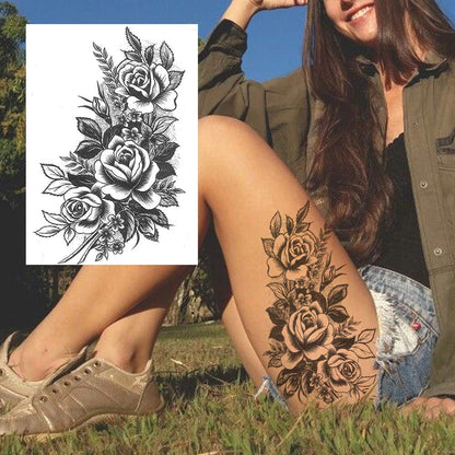 Flower Temporary Tattoos Black Ink Tribal Large Rose Tattoo Stickers Waterproof Legs Fake Tattoos Arm Moon Blossom Leaf Big Peony Flora