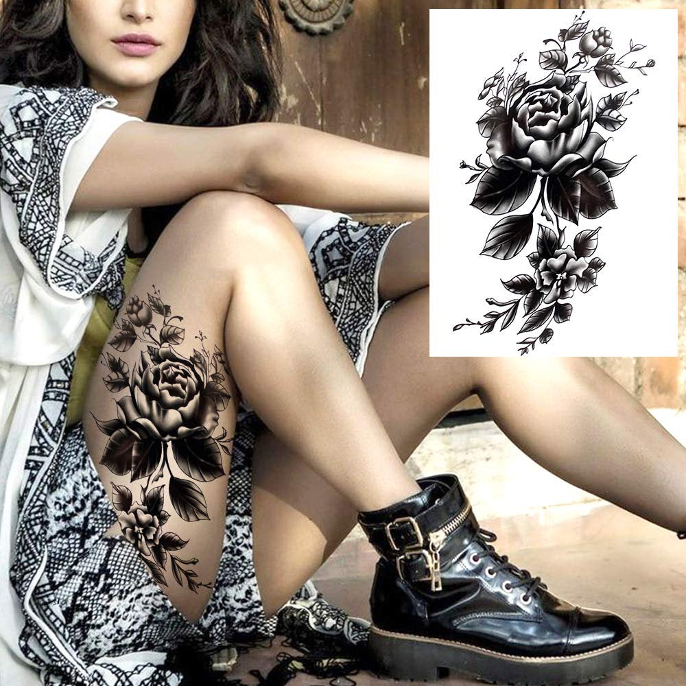 Flower Temporary Tattoos Black Ink Tribal Large Rose Tattoo Stickers Waterproof Legs Fake Tattoos Arm Moon Blossom Leaf Big Peony Flora