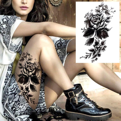 Flower Temporary Tattoos Black Ink Tribal Large Rose Tattoo Stickers Waterproof Legs Fake Tattoos Arm Moon Blossom Leaf Big Peony Flora