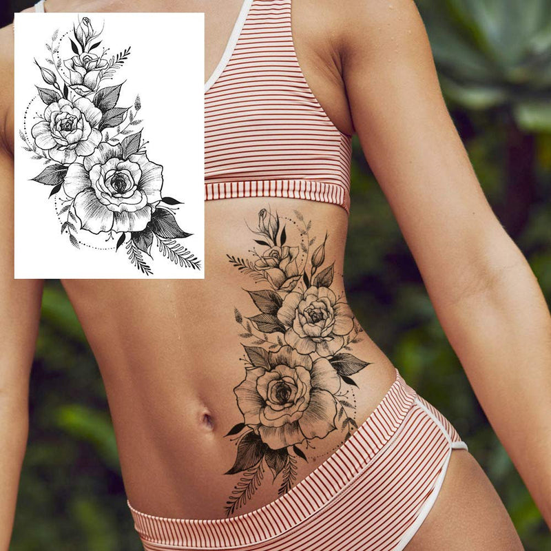 Flower Temporary Tattoos Black Ink Tribal Large Rose Tattoo Stickers Waterproof Legs Fake Tattoos Arm Moon Blossom Leaf Big Peony Flora