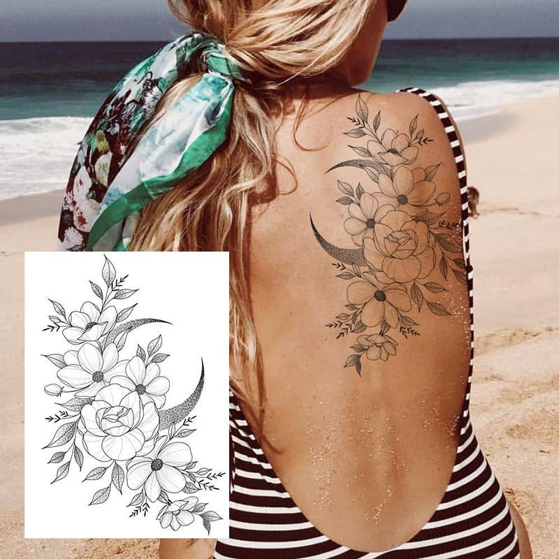 Flower Temporary Tattoos Black Ink Tribal Large Rose Tattoo Stickers Waterproof Legs Fake Tattoos Arm Moon Blossom Leaf Big Peony Flora