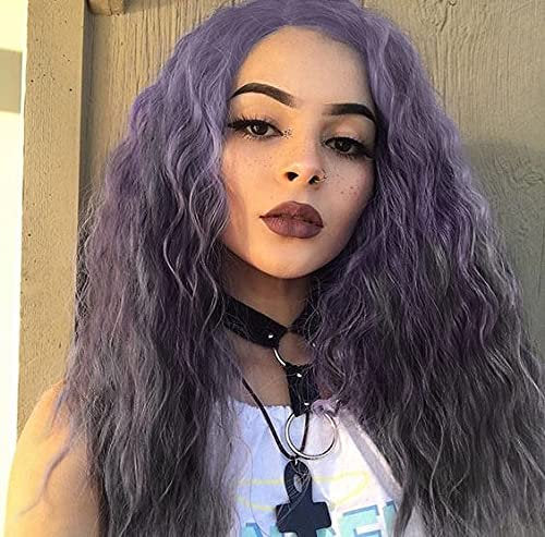 Lilac Purple Loose Wavy Curl Glueless Lace Front Synthetic Heat Resistant Fiber Wig Human Hair Feel Gorgeous Texture Comfortable to Wear 16"