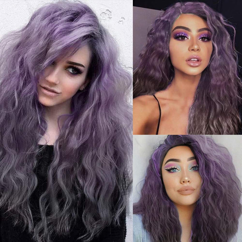 Lilac Purple Loose Wavy Curl Glueless Lace Front Synthetic Heat Resistant Fiber Wig Human Hair Feel Gorgeous Texture Comfortable to Wear 16"