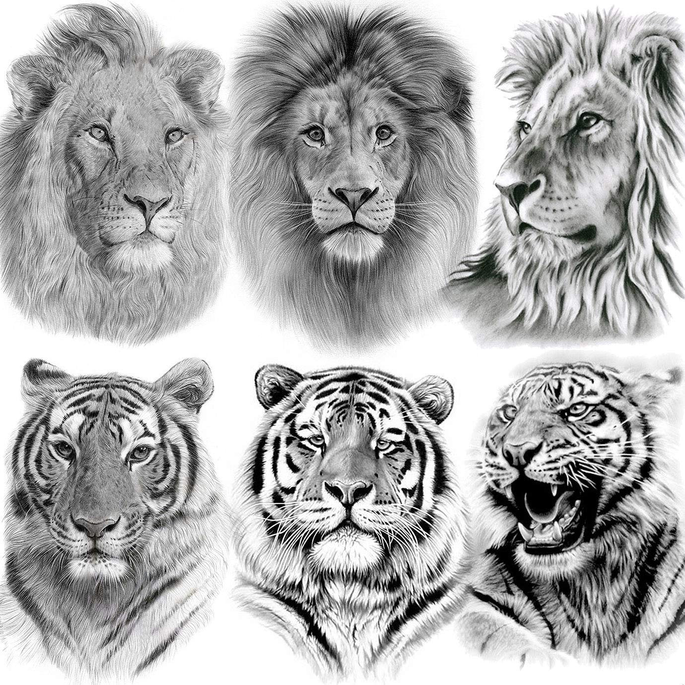 Large Tiger Lion Temporary Tattoo Fake Body Arm Shoulder Chest Stickers Large Fake Body Arm Chest Shoulder Tattoos 6 Designs to Choose From