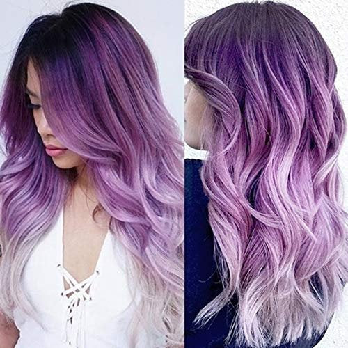 Unique Beautiful Natural Looking | Wavy Ombre Purple | Hand Dyed 22" | Human Hair Look and Feel Trendy Wig | Non Lace Wig | Mermaid Waves