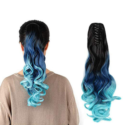 Three color synthetic curly ponytail human hair feel synthetic kinky curly hairpiece 22" claw clip