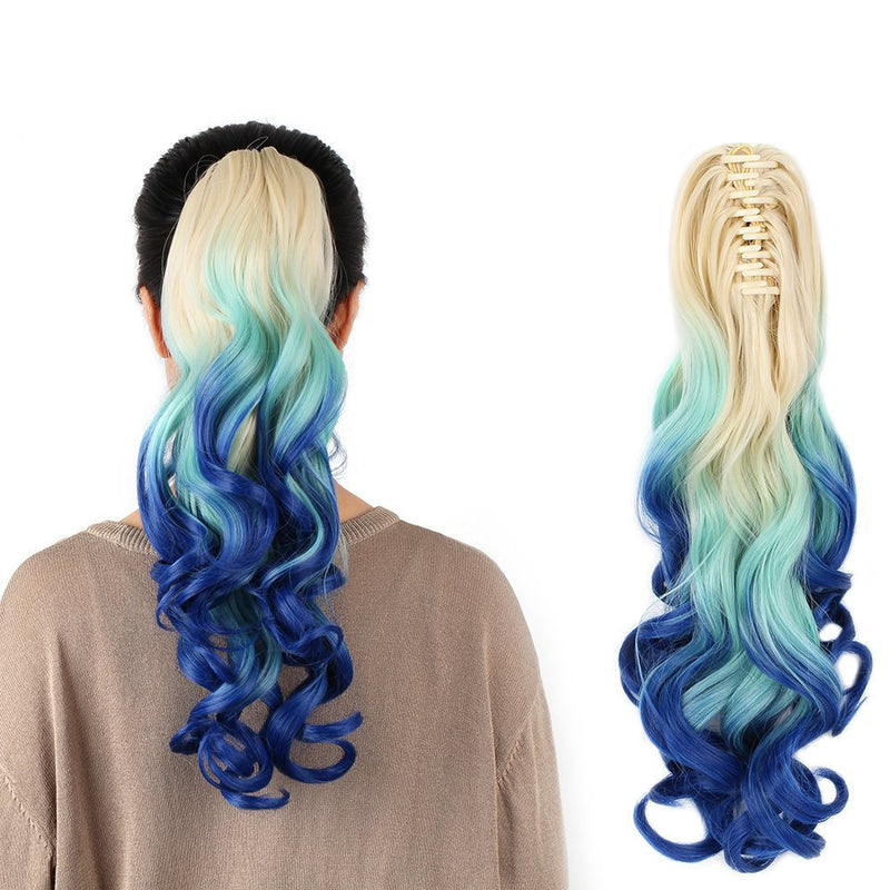 Three color synthetic curly ponytail human hair feel synthetic kinky curly hairpiece 22" claw clip