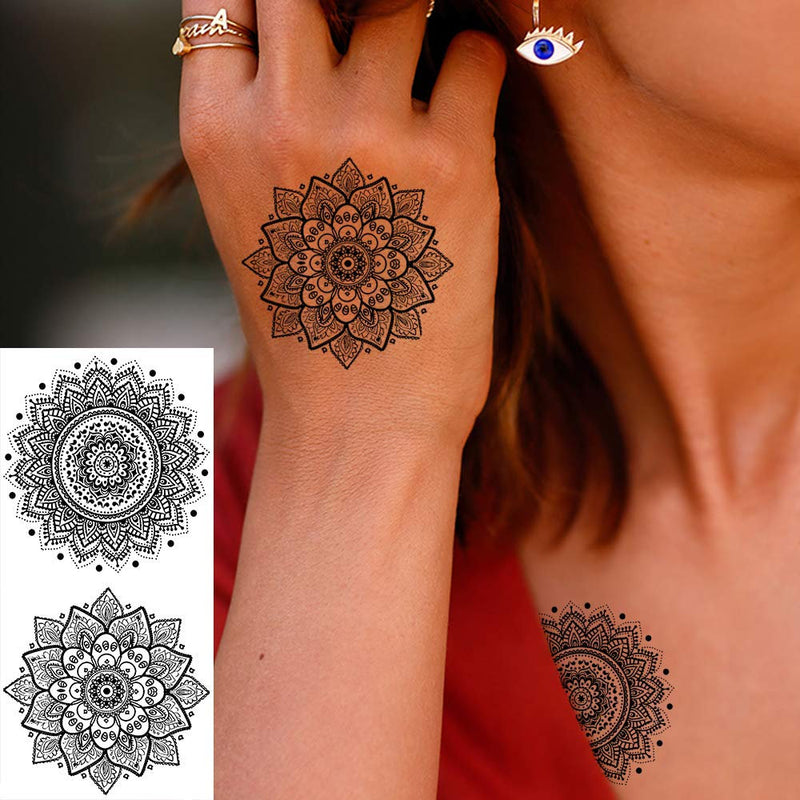Yoga Mandala Temporary Tattoo - Realistic Fake Tattoos Body Art With No Pain - Yoga Gift - 12 Sheets with 24 Stunning Designs Size 7.4"x3.5"