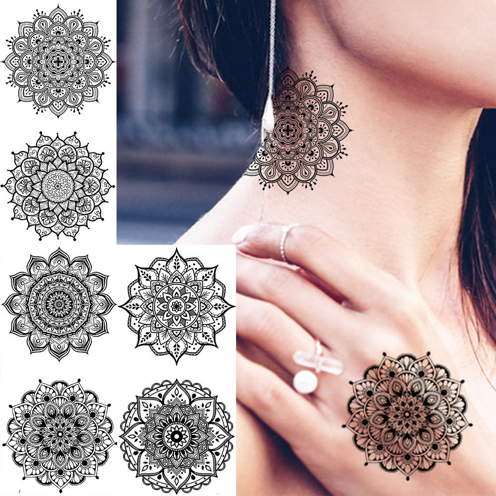 Yoga Mandala Temporary Tattoo - Realistic Fake Tattoos Body Art With No Pain - Yoga Gift - 12 Sheets with 24 Stunning Designs Size 7.4"x3.5"