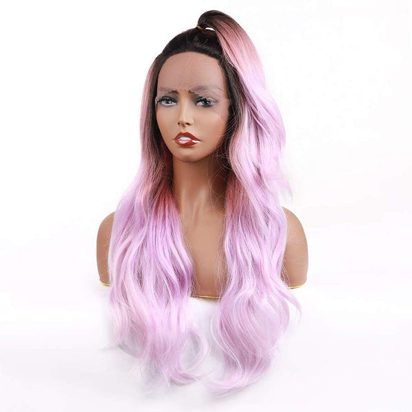 Ombre Purple Pink Lace Front Wig Long Body Wave Synthetic Middle Parting Replacement Full Wig 27 inch Pastel Pink Purple Gift for Her