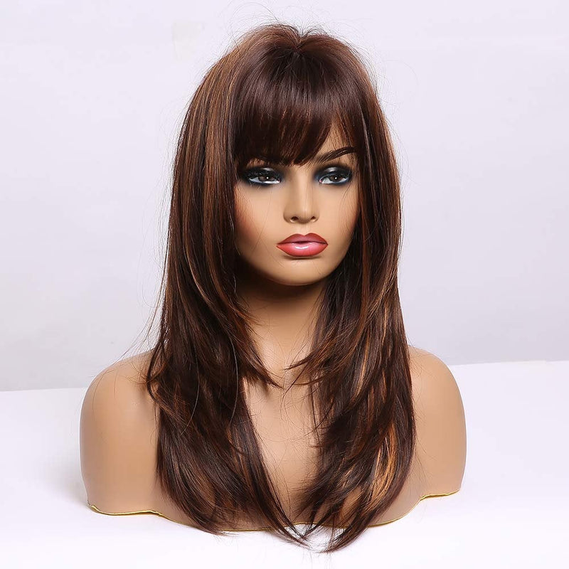Highlight Brown Layered Synthetic Wig with Curtain Bangs Long Flowing Ombre Carmel Mixed Shoulder Length Heat Resistant FAUX Human Hair Wig