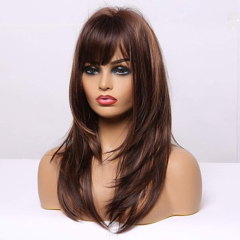 Highlight Brown Layered Synthetic Wig with Curtain Bangs Long Flowing Ombre Carmel Mixed Shoulder Length Heat Resistant FAUX Human Hair Wig