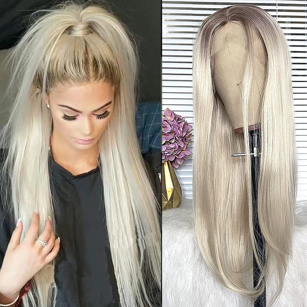 Gorgeous Ombre Blonde Synthetic Lace Front Heat Resistant Glueless Straight Synthetic Wig Pre Plucked with Baby Hair 22inch Lace Front Wig