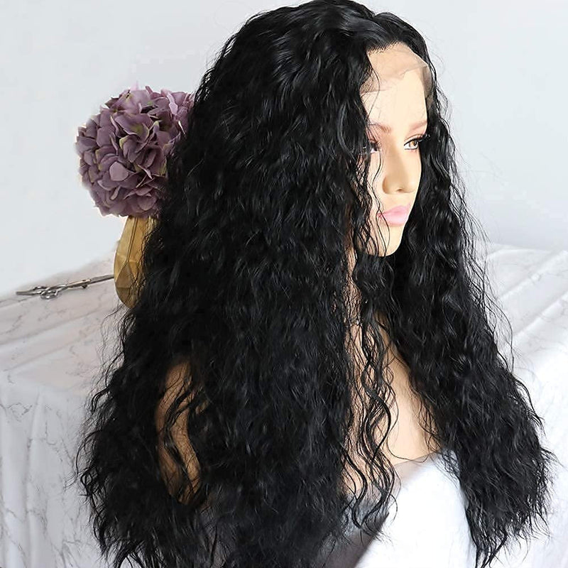 Gorgeous Natural Black Synthetic Lace Front Heat Resistant Glueless Water Wave Synthetic Wig Pre Plucked with Baby Hair 22" Lace Front Wig