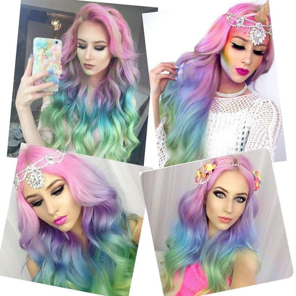 Trendy rainbow | unicorn | mermaid | big wave | 22" synthetic | human hair feel | drag queen | custom colored | stage performer | party wig