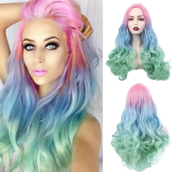 Trendy rainbow | unicorn | mermaid | big wave | 22" synthetic | human hair feel | drag queen | custom colored | stage performer | party wig