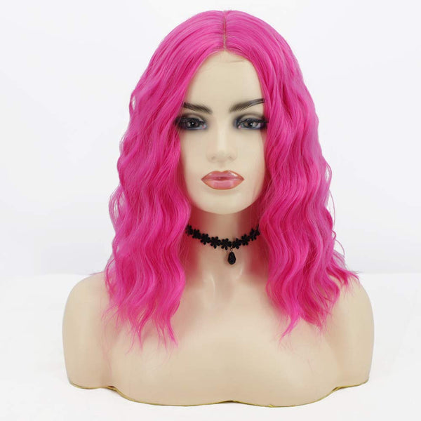 Hot Pink 14" Shoulder Length Middle Parting Full Synthetic Top with an Exquisite Lace Scalp Quality Heat Resistant Fiber Human Hair Feel Wig