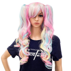 Pastel Rainbow Unicorn Princess | Mermaid Waves | Long Curly Wig with Double Claw Clip on Detachable Ponytails | Tri-Color Pink/Blue/Blonde