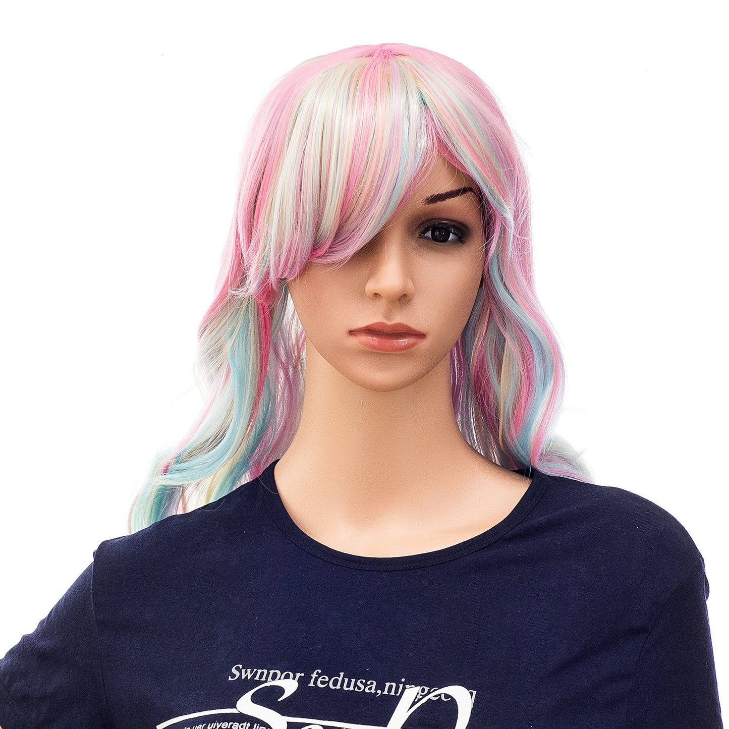 Pastel Rainbow Unicorn Princess | Mermaid Waves | Long Curly Wig with Double Claw Clip on Detachable Ponytails | Tri-Color Pink/Blue/Blonde