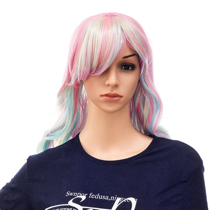 Pastel Rainbow Unicorn Princess | Mermaid Waves | Long Curly Wig with Double Claw Clip on Detachable Ponytails | Tri-Color Pink/Blue/Blonde