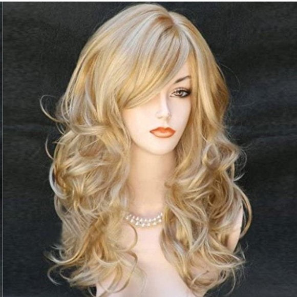 Mixed Blonde 20” Long Curly Body Wavy Wig with Air Bangs