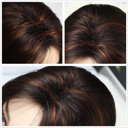 Mixed brown layered highlighted shoulder length wig with bangs natural human hair look and feel best selling