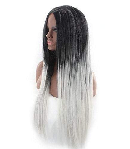 Black to white ombre wig straight 26" synthetic heat resistant ready to wear