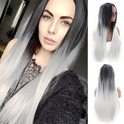 Black to white ombre wig straight 26" synthetic heat resistant ready to wear