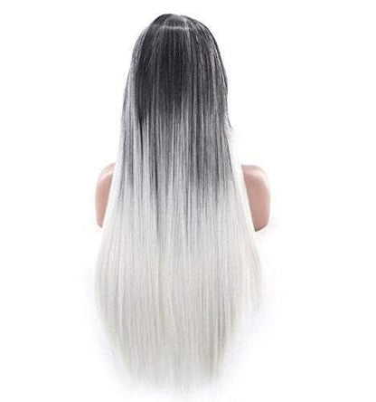 Black to white ombre wig straight 26" synthetic heat resistant ready to wear