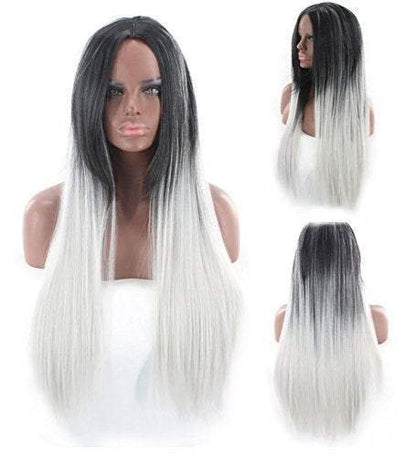 Black to white ombre wig straight 26" synthetic heat resistant ready to wear