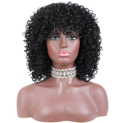 Natural black short kinky synthetic afro heat resistant full curly wig with bangs