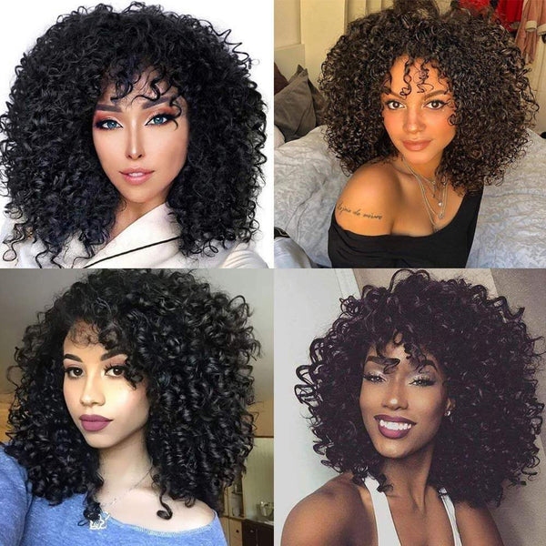 Natural black short kinky synthetic afro heat resistant full curly wig with bangs