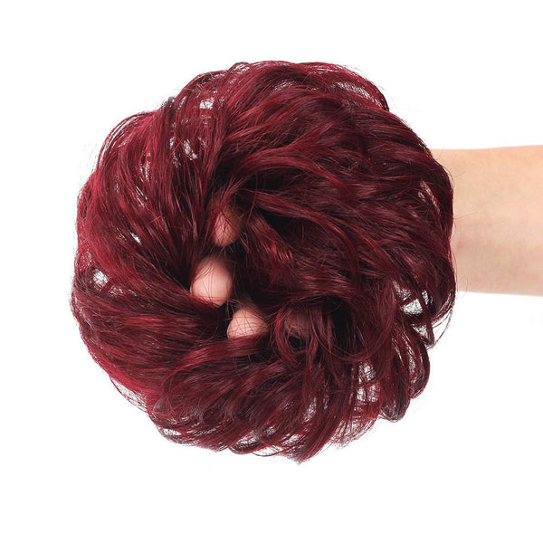 Messy Bun Thick 100% Human Hair Scrunchie | Messy Updo Bun | Wine Red 99j Burgundy | super fluffy Natural Texture | cat ear buns need 2