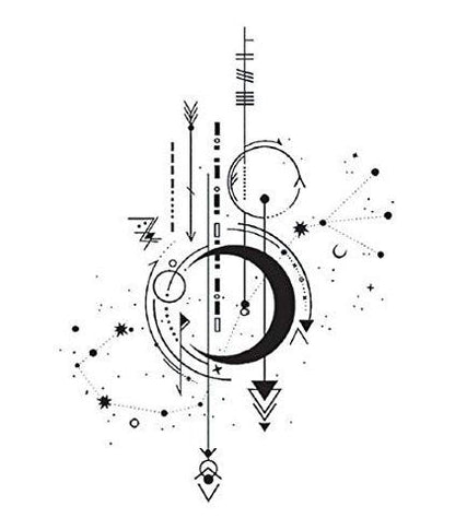 Waterproof Temporary Fake Tattoo Moon Planet Celestial Design Stickers Classic Planet Arrow Geometric Large Set of 2 Size: 4.33" x 5.91"
