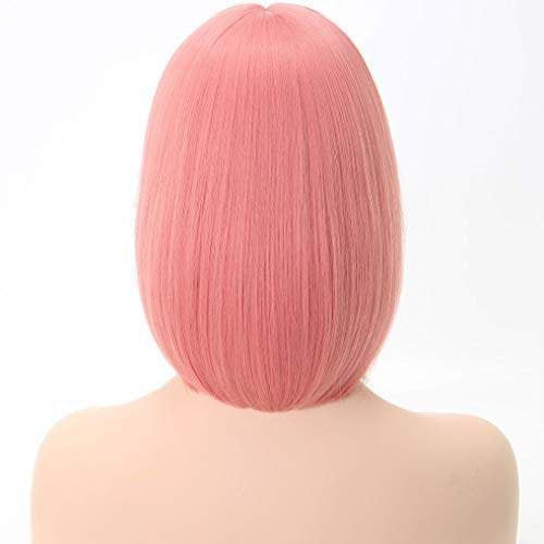 Trendy soft dark rose petal pink straight bob with straight bangs hand dyed synthetic 12" wig