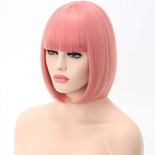 Trendy soft dark rose petal pink straight bob with straight bangs hand dyed synthetic 12" wig