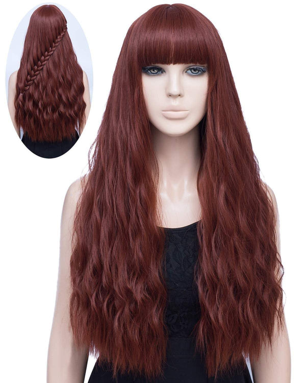 Sale item - on clearance final sale | auburn wig 28” wavy wig with bangs natural looking premium heat resistant synthetic