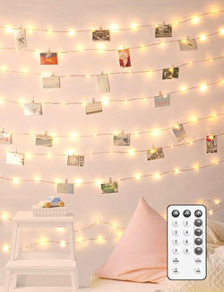 Led fairy string lights 33ft with 100 lights & 50 photo clips remote 8 modes hang photos pictures bedroom decoration usb operated warm white