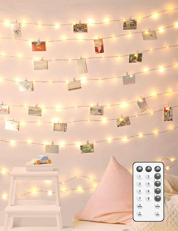 Led fairy string lights 33ft with 100 lights & 50 photo clips remote 8 modes hang photos pictures bedroom decoration usb operated warm white