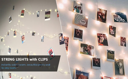 Led fairy string lights 33ft with 100 lights & 50 photo clips remote 8 modes hang photos pictures bedroom decoration usb operated warm white