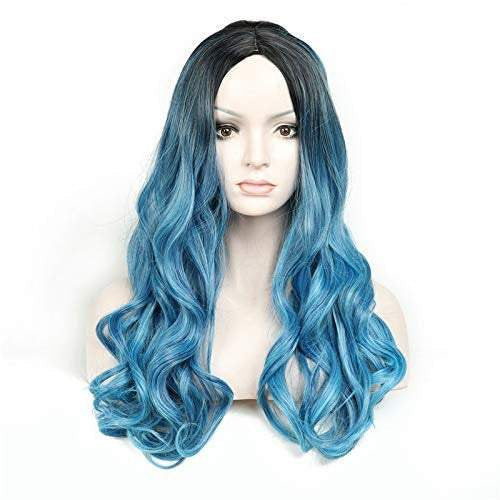 Blue on black wavy synthetic hair wig